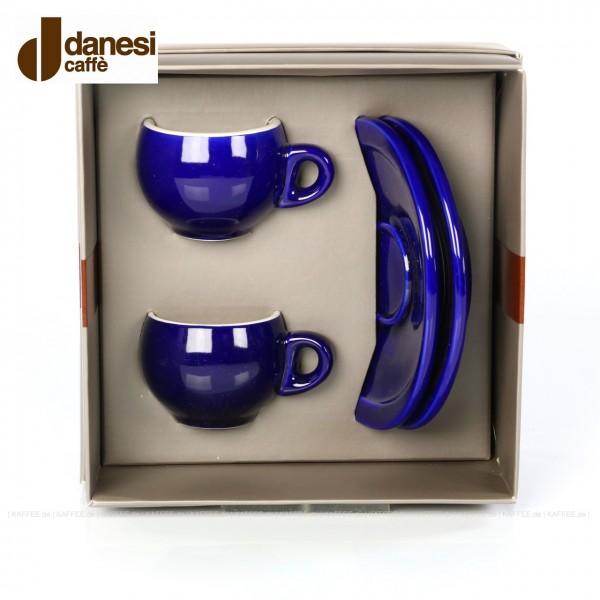2 farbige (blaue) DANESI Espressotassen mit Untertasse im Geschenkkarton, EAN-Code: 8000135010280